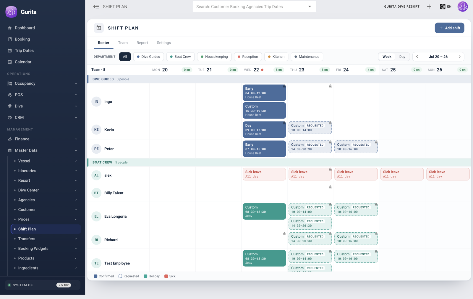 The weekly shift roster: departments in color, shifts and leave on one grid
